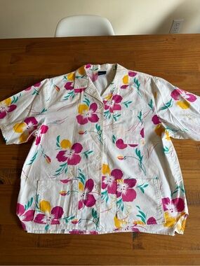 Lands' End Vintage 90’s White Short-Sleeve Floral Button-Down
